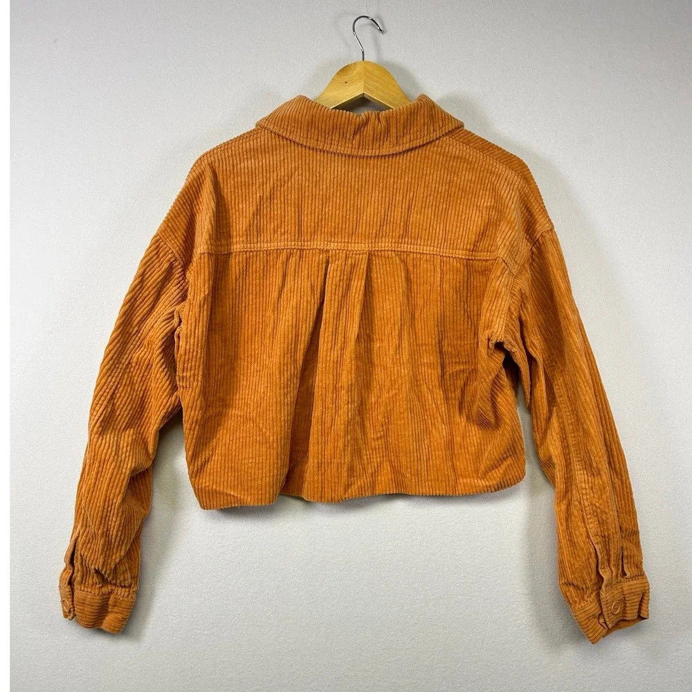 Forever 21 Corduroy Jacket Womens Medium Orange Cropped Raw Hem Button Up Boho - Picture 5 of 9